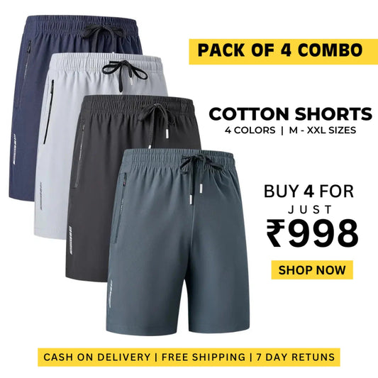 Combo of 4 Stretchable Cotton Shorts | 🔥FLAT 50% SAVING🔥